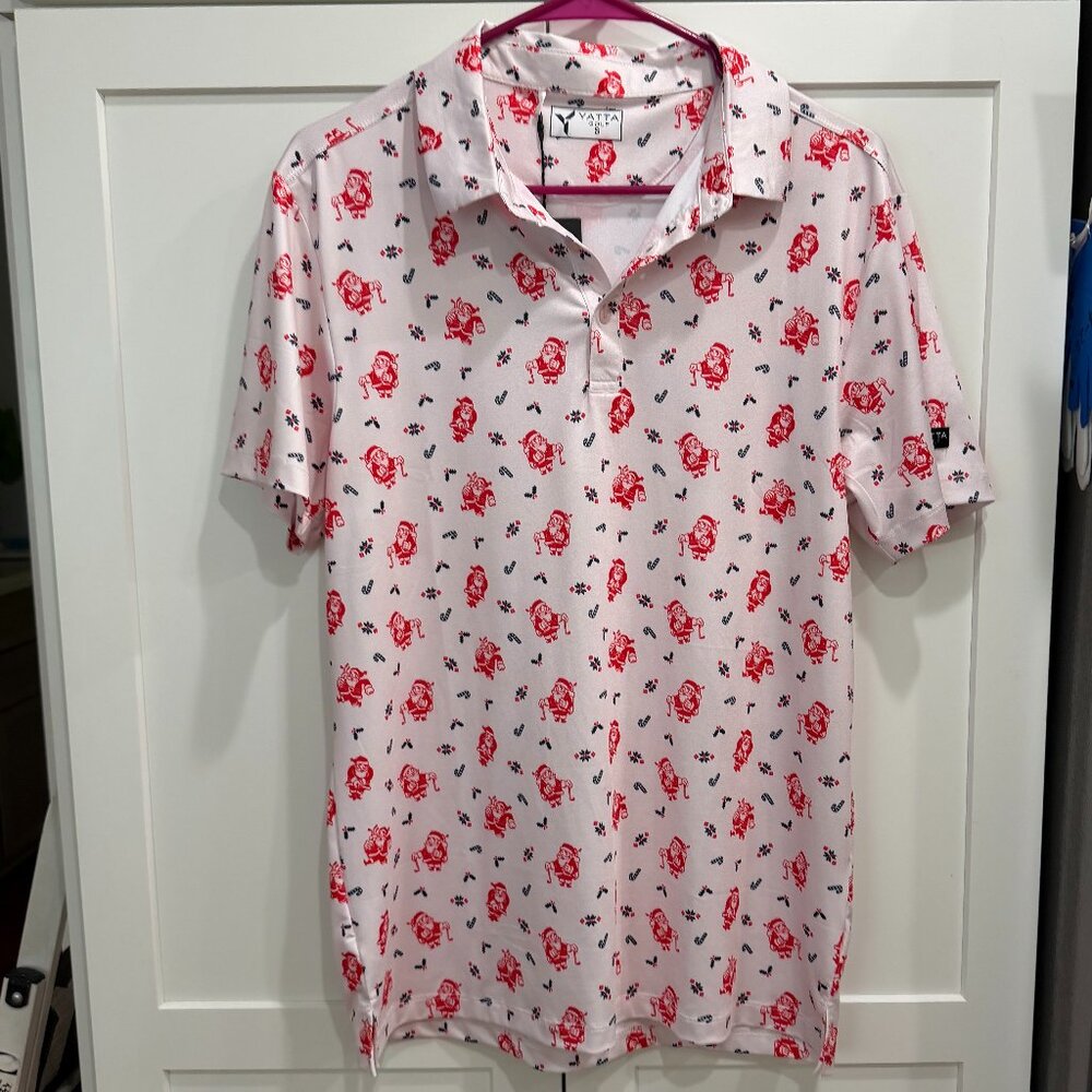 Yatta Golf Men's Christmas Polo Shirt, Neverworn, Small, White with Red & Blue